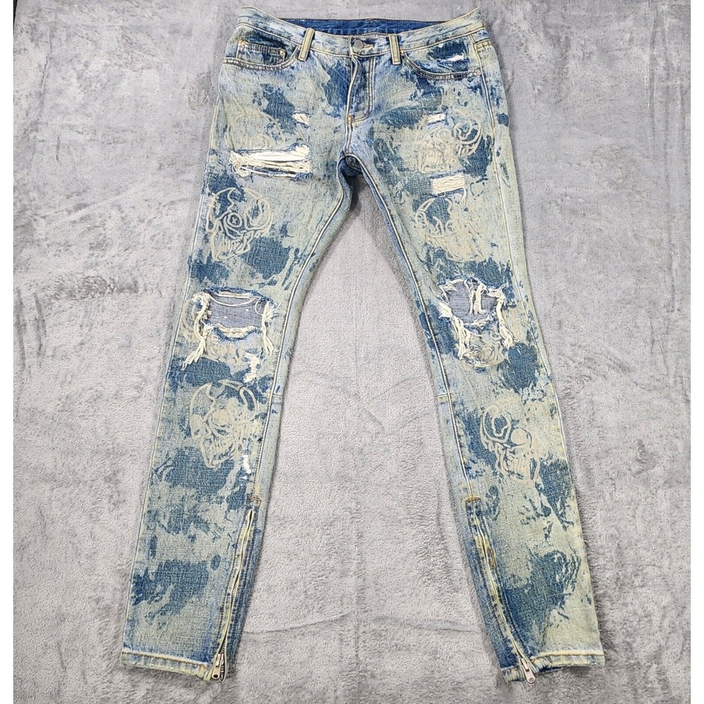 MNML Jeans Mens 33 Blue Denim Distressed Grunge Skinny Skater Zip Ankle Cotton
